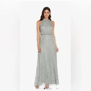 Adrianna Papell | Dresses | Adrianna Papell Art Deco Beaded Blouson Dress  With Halter Neckline Sage Green | Poshmark